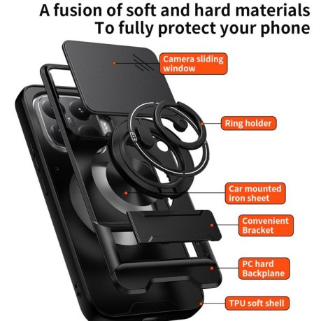 Протиударний чохол Escase зі зсувною шторкою камери та підставкою для Xiaomi 15T Pro 5G — червоний