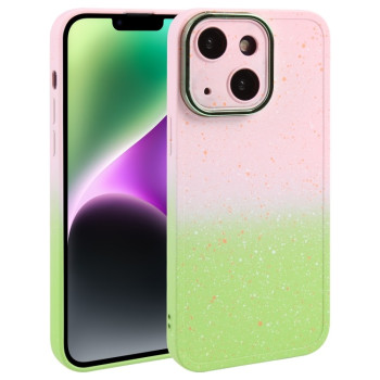 Противоударный чехол Gradient Starry Silicone Phone Case with Lens Film для iPhone 15 Plus - розово-зеленый