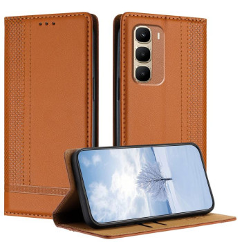 Чохол-книжка з веганської шкіри з прострочкою Stitching Design Scratch-Resistant Vegan Leather на Infinix Hot 70 4G — коричневий