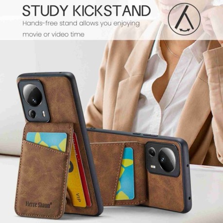 Протиударний чохол Fierre Shann Crazy Horse Card Holder для Xiaomi 13 Lite - коричневий