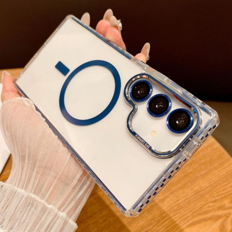 Противоударный чехол Transparent MagSafe Phone Case with Lens Film для  Samsung Galaxy S25 5G - синий