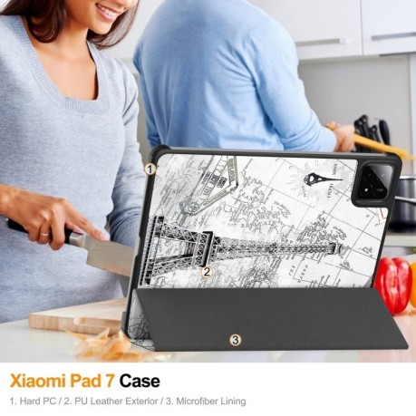 Чехол-книжка Custer Painted 3-Fold Stand Leather Smart для Xiaomi Pad 7 / 7 Pro - Retro Eiffel Tower