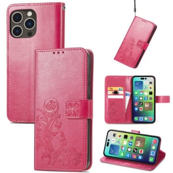 Чехол-книжка Four-leaf Clasp Embossed Buckle на iPhone 15 Pro Max - розовый