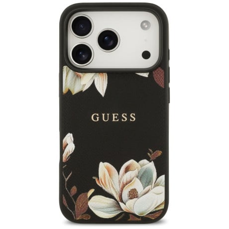 Оригинальный чехол Guess Grained Flowers Classic Logo с MagSafe на iPhone 17 Pro - black