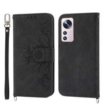 Чехол-книжка Skin-feel Flowers Embossed для Xiaomi 12 Pro - черный