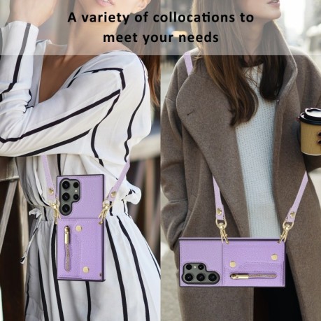 Чохол DF-09 Crossbody Litchi Texture Card Bag Designg для Samsung Galaxy S24 Ultra - фіолетовий