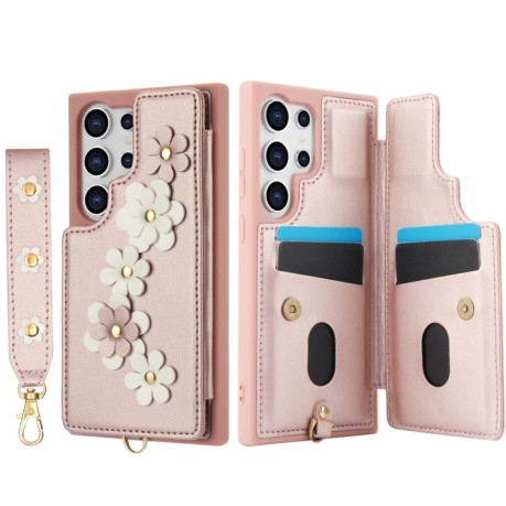 Чехол Crossbody Flower Pattern Leather на Samsung Galaxy S25 Ultra 5G - розовое золото