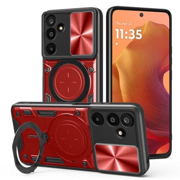 Чехол со шторкой камеры CD фактурой и подставкой на Samsung Galaxy M16 5G - красный