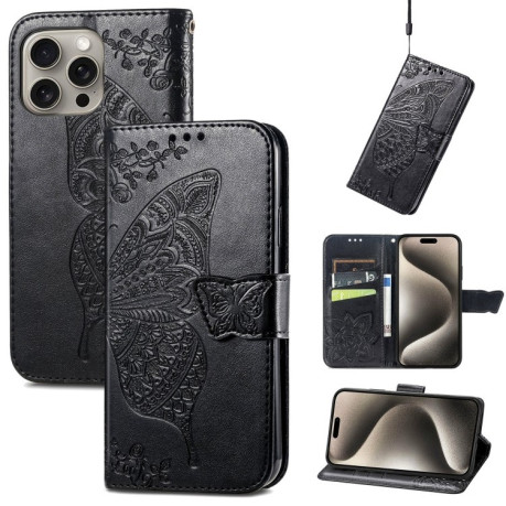 Чохол-книжка Butterfly Love Flower Embossed для iPhone 16 Pro Max - чорний