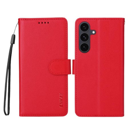 Чохол-книжка ENKAY RFID Blocking Wallet Kickstand з фактурою Litchi та магнітним хлястиком на Samsung Galaxy S25 FE 5G - червоний