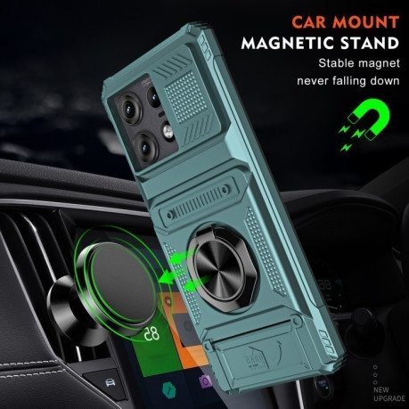 Противоударный чехол Shockproof Card Slot Phone Case with Metal Ring Holder для Motorola Edge 50 Pro - зеленый