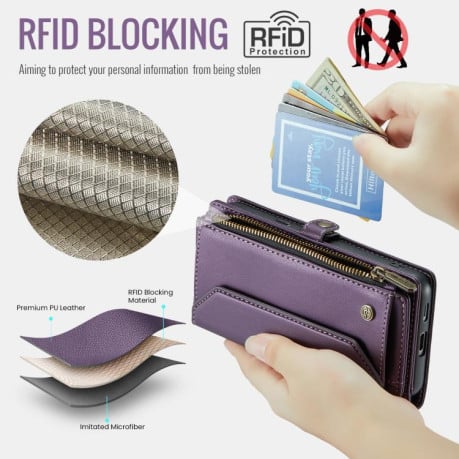 Чехол-книжка CaseMe C36 Card Slots Zipper Wallet RFID Anti-theft Leather для Google Pixel 9a - фиолетовый