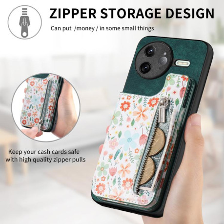 Протиударний чохол Retro Painted Zipper Wallet для Xiaomi Poco F7 Ultra 5G - зелений