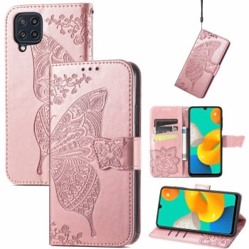 Чехол-книжка Butterfly Love Flowers Embossing на Samsung Galaxy M32/A22 4G - розовое-золото
