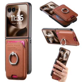 Противоударный чехол Twill Fabric Card Bag Ring Magnetic для Motorola Moto Razr 60 Ultra 5G - коричневий