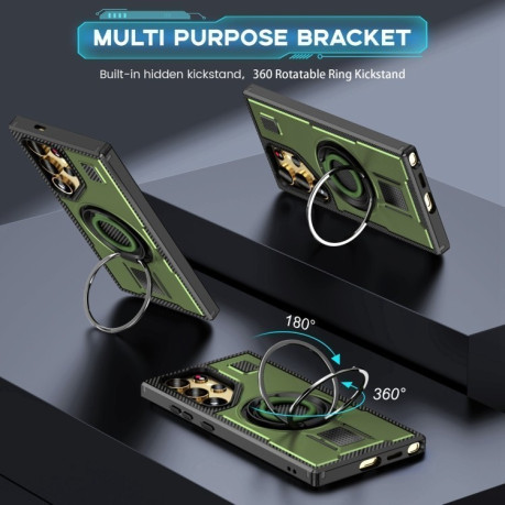 Протиударний чохол Ring Holder Carbon Fiber PC Hybrid TPU  для Samsung Galaxy S25 Ultra 5G - зелений