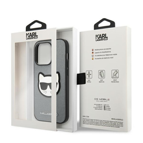 Оригінальний чохол Karl Lagerfeld Saffiano Choupette Head Patch для iPhone 14 Pro Max - silver