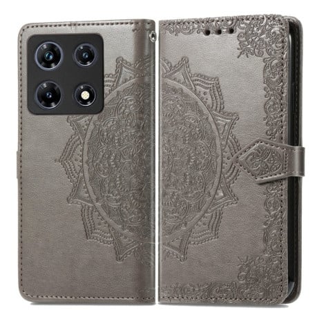 Чехол-книжка с тиснением Mandala и магнитным хлястиком на Infinix Note 30 Pro - серый