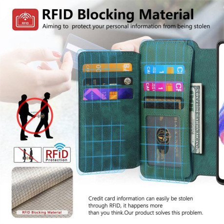Чехол-книжка CaseNeo MagSafe RFID Anti-theft Zipper Wallet Retro Leather для Realme GT 7 Pro - зеленый