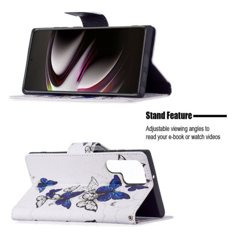Чехол-книжка Colored Drawing Pattern для Samsung Galaxy S22 Ultra 5G - Blue Butterflies