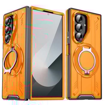 Ударозащитный чехол Transparent MagSafe Magnetic Rotating Ring Holder на Samsung Galaxy Fold 7 5G - оранжевый