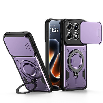 Чехол Ring Holder Lens Slide Cover с кольцом-держателем и слайдером камеры на Motorola Edge 70 Pro 5G — фиолетовый