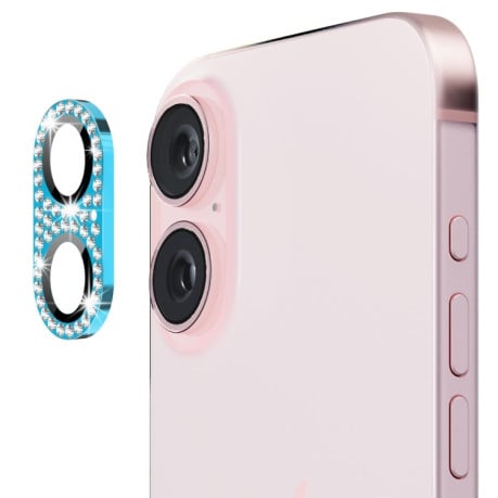 Защитное стекло на камеру ENKAY Hat-Prince Blink Diamond Camera Lens Aluminium Alloy для iPhone 16 / 16 Plus - голубое