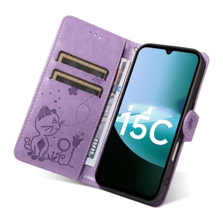 Чехол-книжка Cat Embossing Pattern на Xiaomi Redmi 15C 5G / 4G EU 173mm - фиолетовый