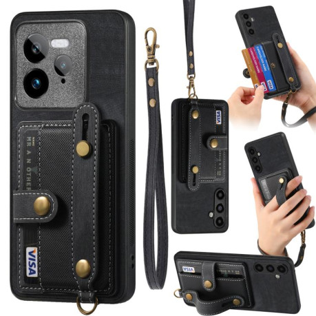 Противоударный чехол Retro Cross Wristband Wallet Leather для Realme GT 7 Pro - черный