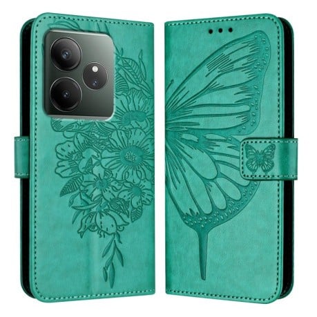 Чехол-книжка Embossed Butterfly для Realme GT 6T 5G Global - зеленый