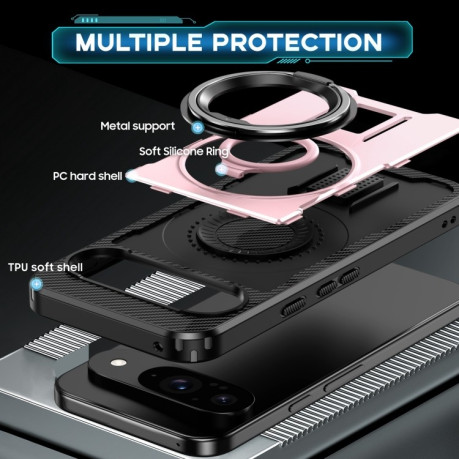 Противоударный чехол Ring Holder Carbon Fiber PC Hybrid TPU для Google Pixel 9 / 9 Pro - розовое золото