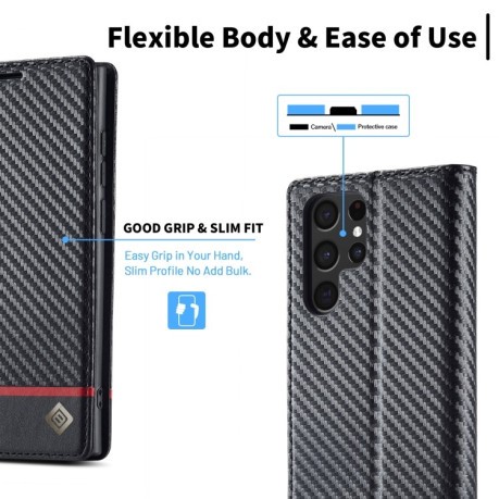 Чехол-книжка LC.IMEEKE Carbon Fiber для Samsung Galaxy S22 Ultra 5G - Horizontal Black