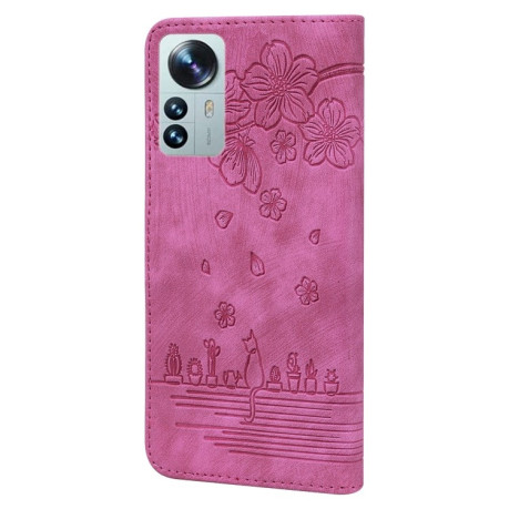 Чехол-книжка Cartoon Sakura Cat для Xiaomi 12 Pro / 12S Pro - пурпурно-красный
