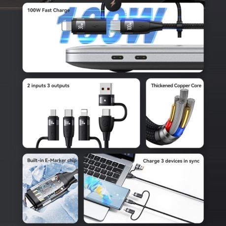 Универсальный высокоскоростной зарядный кабель USAMS US-SJ646 U85 2m PD100W 6 in 1 Alloy Multifunctional Fast Charging - черный