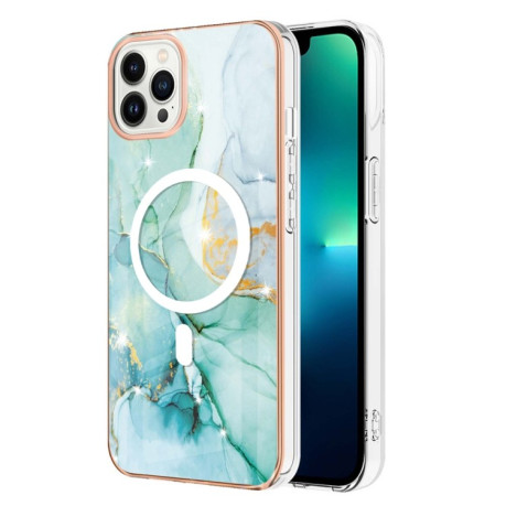 Противоударный чехол Marble Pattern Dual-side IMD Magsafe для iPhone 15 Pro Max - зеленый