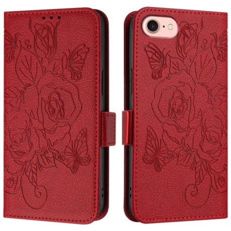 Чехол-книжка Embossed Rose RFID Anti-theft Leather для iPhone 16e - красный
