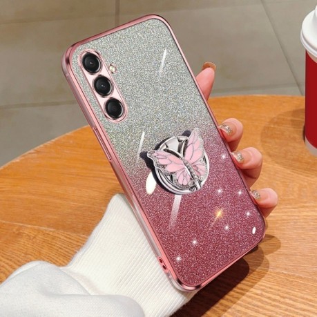 Противоударный чехол Plated Gradient Glitter Butterfly Holder для Samsung Galaxy A16 5G - розовый