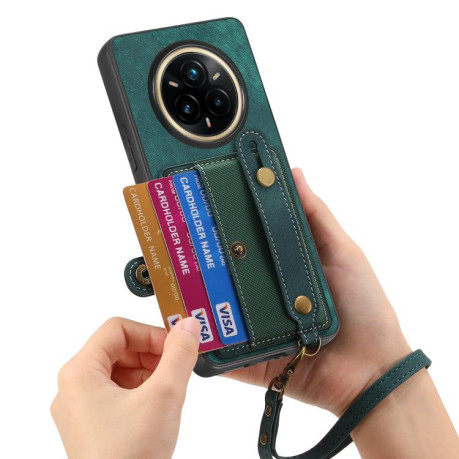 Противоударний чехол Retro Cross Wristband Wallet Leather для Realme 14 Pro+ - зелений