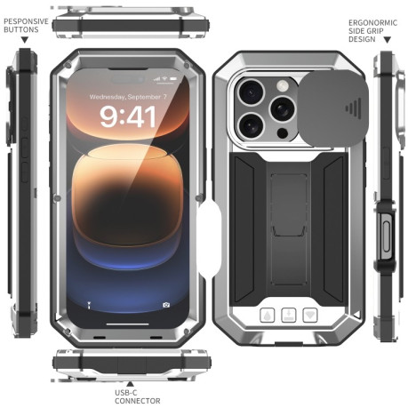 Противоударный чехол R-JUST Sliding для iPhone 16 Pro Max - серебристый