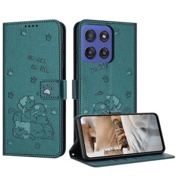 Чехол-книжка Embossed Kitten Phone Leather для Motorola Edge 60 Fusion - зеленый