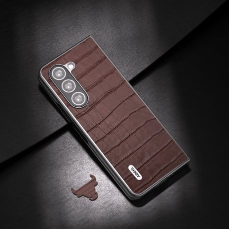 Противоударный чехол ABEEL Crocodile Texture Genuine Leather для Samsung Galaxy Fold 6 - коричневый