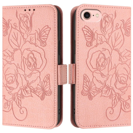 Чехол-книжка Embossed Rose RFID Anti-theft Leather для iPhone 16e - розовый