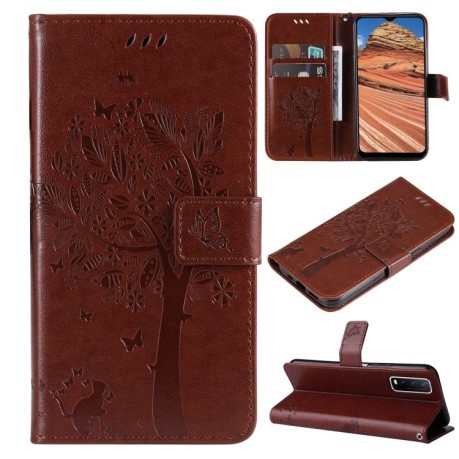 Чехол-книжка Cat Embossing Pattern на Vivo Y11s/Y12A/Y12s/Y20/Y20A/Y20s/Y20G/Y20SG - кофейный