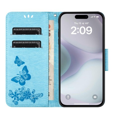Чохол-книжка Embossed Butterfly для iPhone 16 Plus - синій