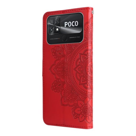Чехол-книжка 7-petal Flowers Embossing для Xiaomi Poco C40/Redmi 10c - красный