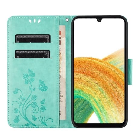 Чехол-книжка Butterfly Flower Pattern для Samsung Galaxy A55 - зеленый