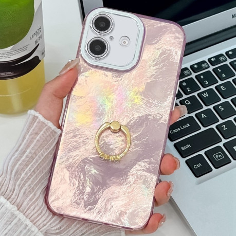 Противоударный чехол Plating Glitter Texture Ring Holder для iPhone 16 - Pink Tinfoil Texture