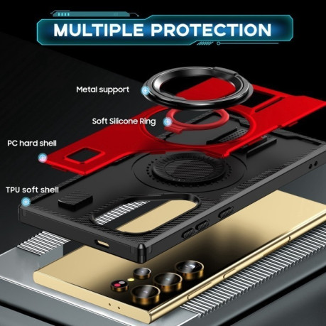 Протиударний чохол Ring Holder Carbon Fiber PC Hybrid TPU  для Samsung Galaxy S25 Ultra 5G - червоний