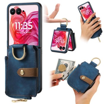 Чехол Cross Leather Ring Vertical Zipper Wallet для Motorola Razr 60 Ultra - синій