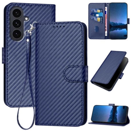 Чохол-книжка з фактурою Carbon Fiber магнітним хлястиком, ремінцем на Samsung Galaxy S25 FE 5G - синій